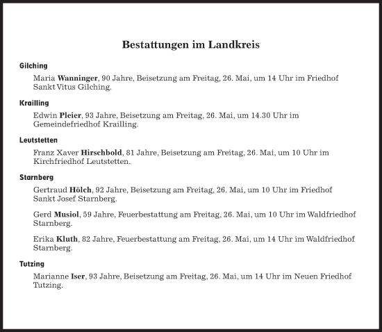 Traueranzeige von Bestattungen vom 26.05.2023 von Süddeutsche Zeitung