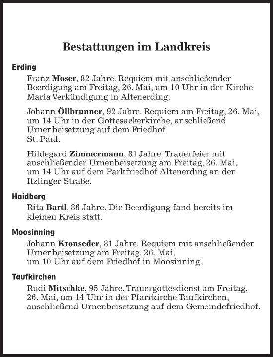 Traueranzeige von Bestattungen vom 26.05.2023 von Süddeutsche Zeitung