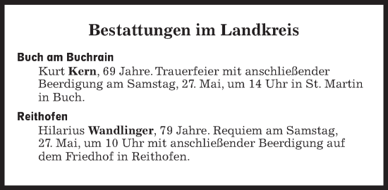 Traueranzeige von Bestattungen vom 27.05.2023 von Süddeutsche Zeitung