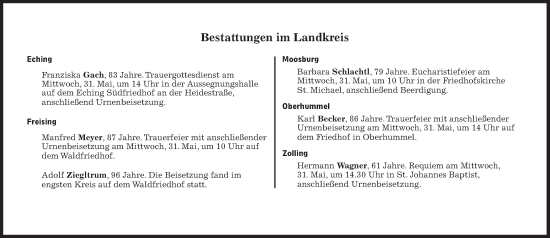 Traueranzeige von Bestattungen vom 31.05.2023 von Süddeutsche Zeitung