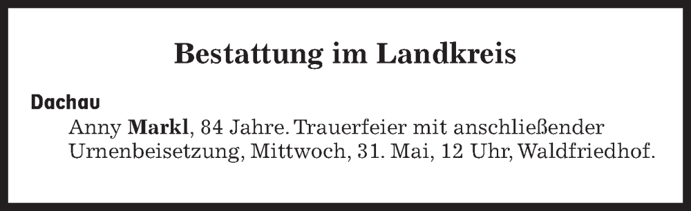  Traueranzeige für Bestattungen vom 31.05.2023 vom 31.05.2023 aus Süddeutsche Zeitung