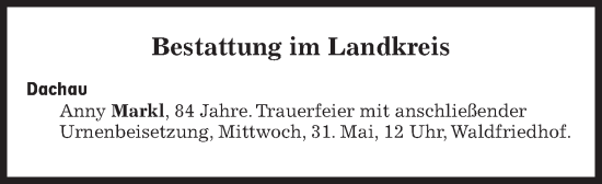 Traueranzeige von Bestattungen vom 31.05.2023 von Süddeutsche Zeitung