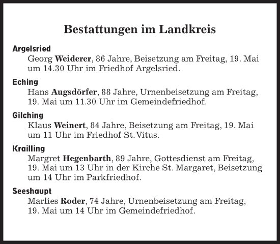 Traueranzeige von Bestattungskalender vom 19.05.2023 von Süddeutsche Zeitung