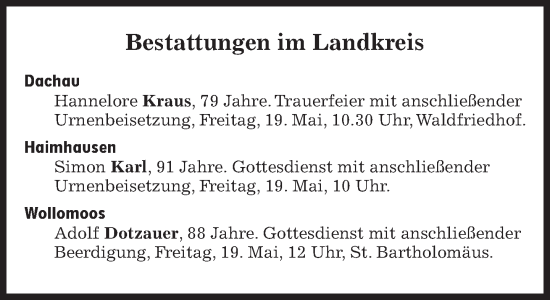 Traueranzeige von Bestattungskalender vom 19.05.2023 von Süddeutsche Zeitung