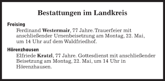 Traueranzeige von Bestattungskalender vom 22.05.2023 von Süddeutsche Zeitung