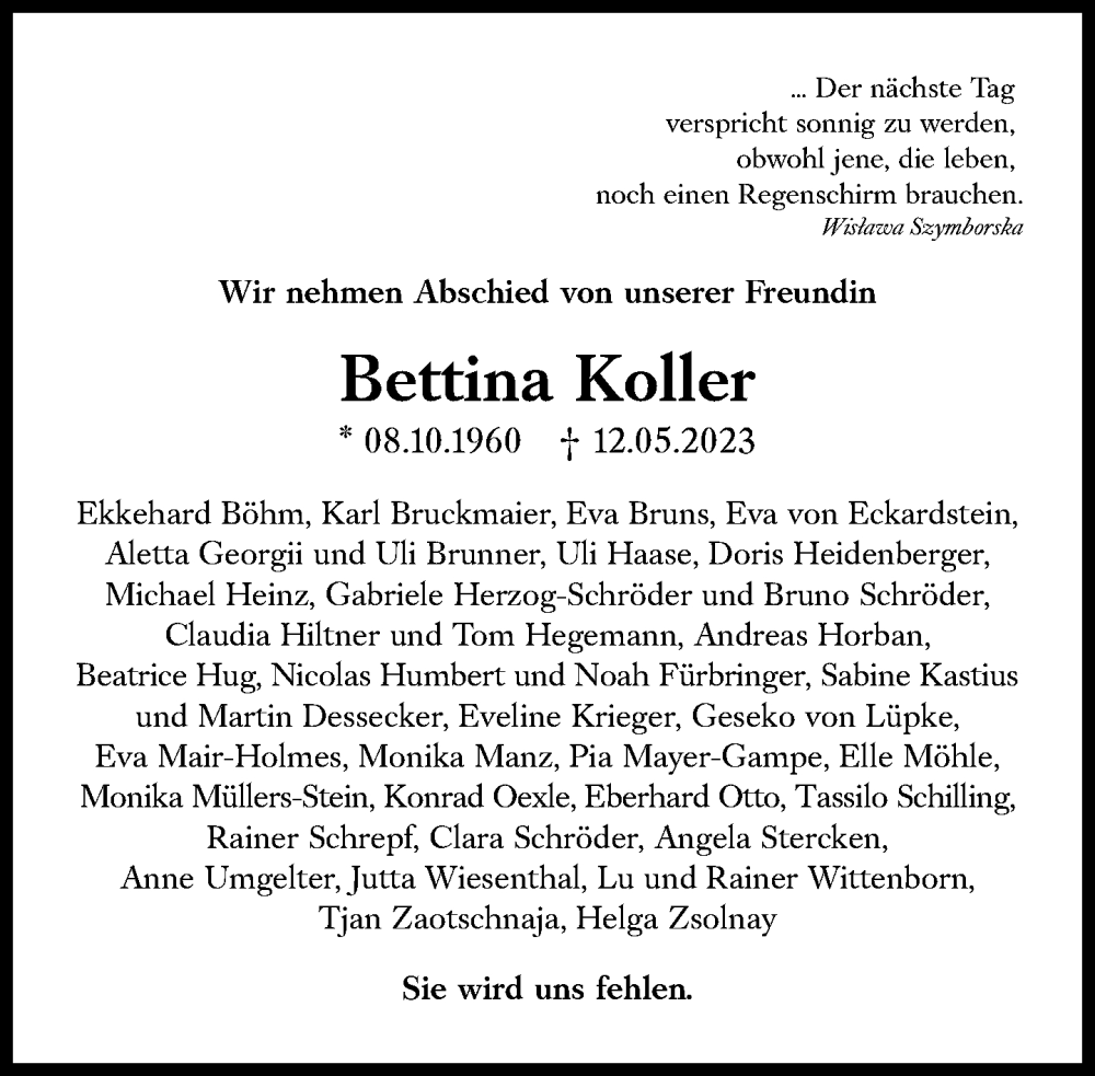  Traueranzeige für Bettina Koller vom 20.05.2023 aus Süddeutsche Zeitung