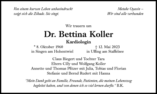 Traueranzeige von Bettina Koller von Süddeutsche Zeitung