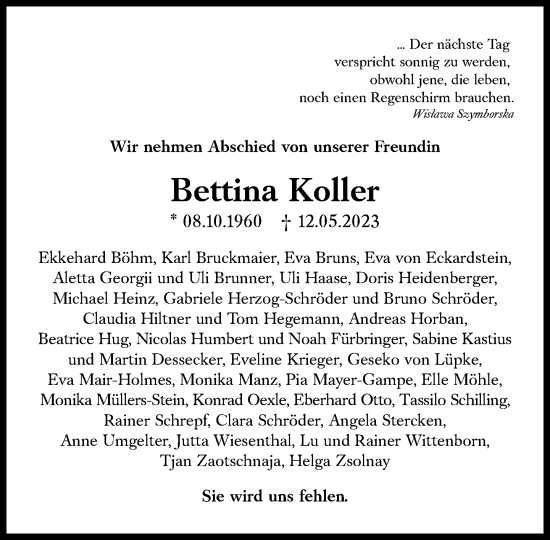 Traueranzeige von Bettina Koller von Süddeutsche Zeitung