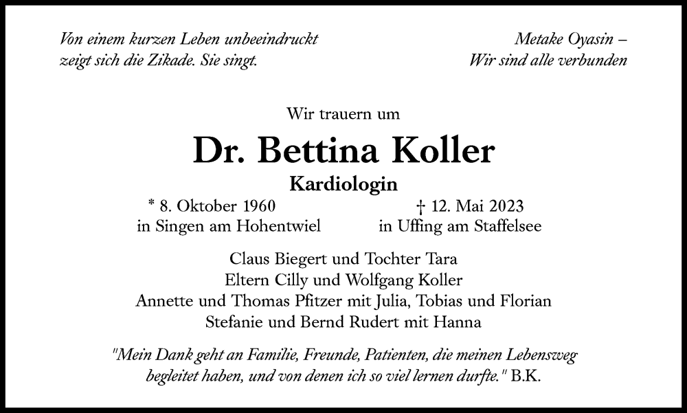  Traueranzeige für Bettina Koller vom 20.05.2023 aus Süddeutsche Zeitung
