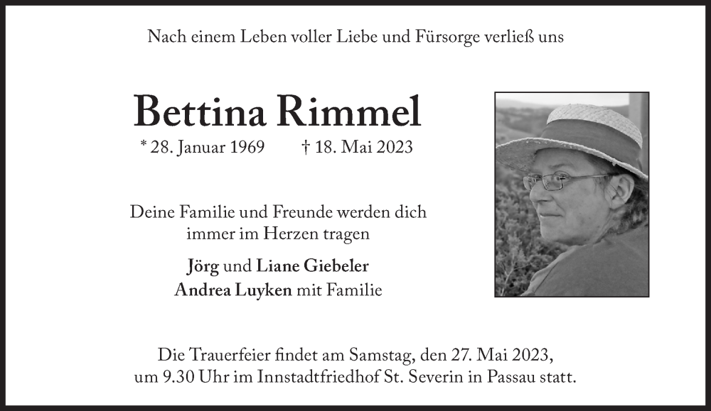  Traueranzeige für Bettina Rimmel vom 25.05.2023 aus Süddeutsche Zeitung