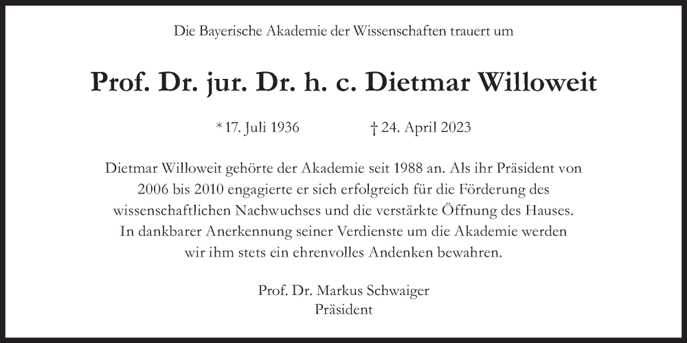  Traueranzeige für Dietmar Willoweit vom 06.05.2023 aus Süddeutsche Zeitung