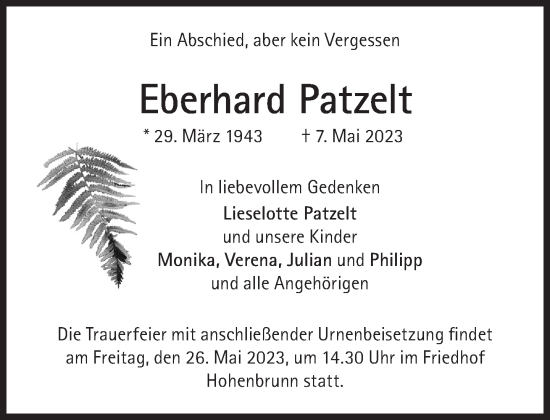 Traueranzeige von Eberhard Patzelt von Süddeutsche Zeitung