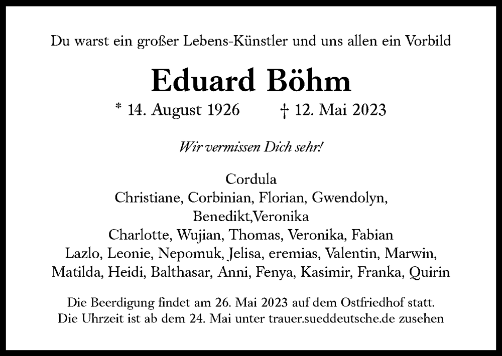  Traueranzeige für Eduard Böhm vom 20.05.2023 aus Süddeutsche Zeitung