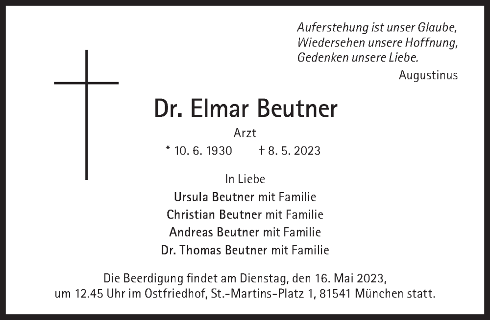  Traueranzeige für Elmar Beutner vom 13.05.2023 aus Süddeutsche Zeitung