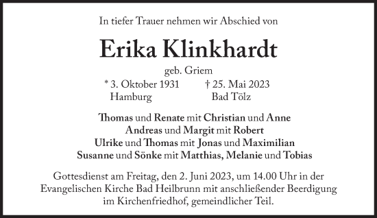 Traueranzeige von Erika Klinkhardt von Süddeutsche Zeitung