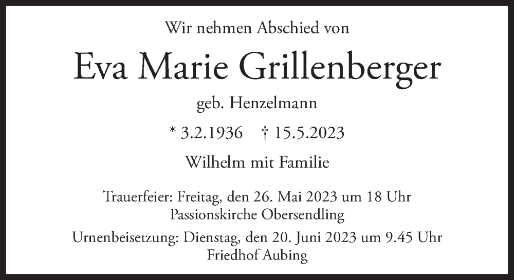  Traueranzeige für Eva Marie Grillenberger vom 23.05.2023 aus Süddeutsche Zeitung
