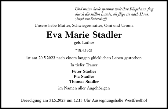 Traueranzeige von Eva Marie Stadler von Süddeutsche Zeitung