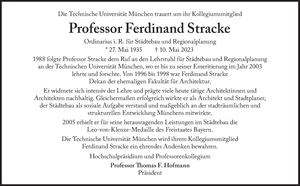  Traueranzeige für Ferdinand Stracke vom 25.05.2023 aus Süddeutsche Zeitung