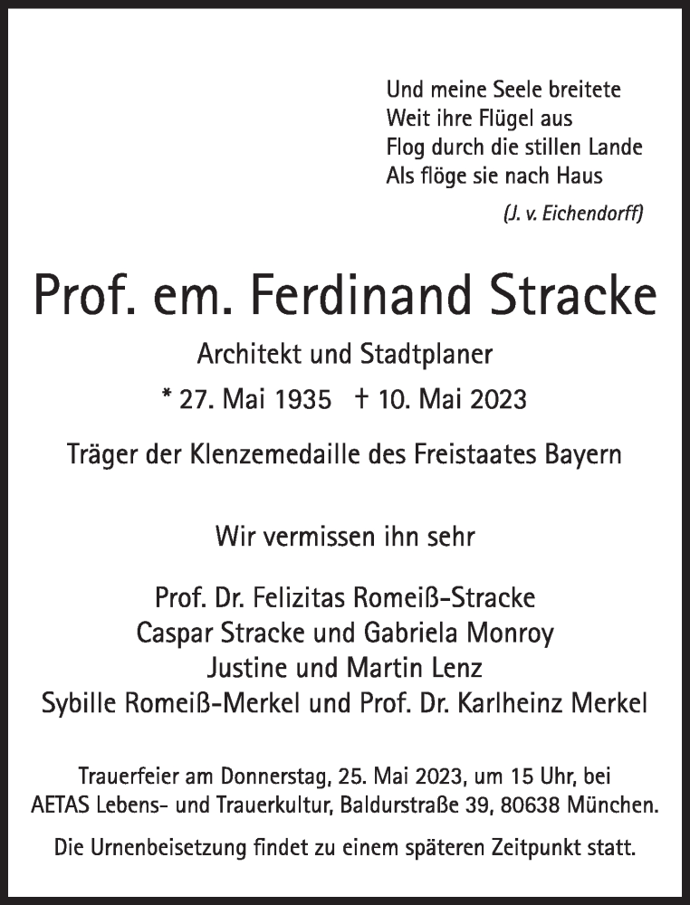  Traueranzeige für Ferdinand Stracke vom 20.05.2023 aus Süddeutsche Zeitung