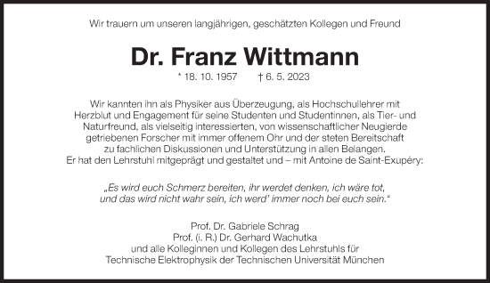Traueranzeige von Franz Wittmann von Süddeutsche Zeitung