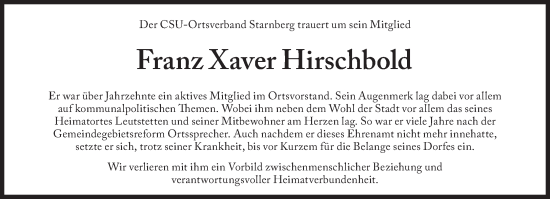 Traueranzeige von Franz Xaver Hirschbold von Süddeutsche Zeitung