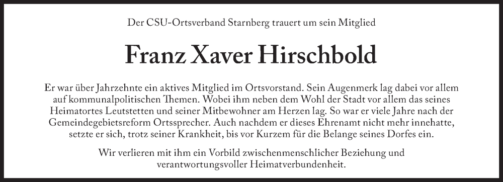  Traueranzeige für Franz Xaver Hirschbold vom 26.05.2023 aus Süddeutsche Zeitung