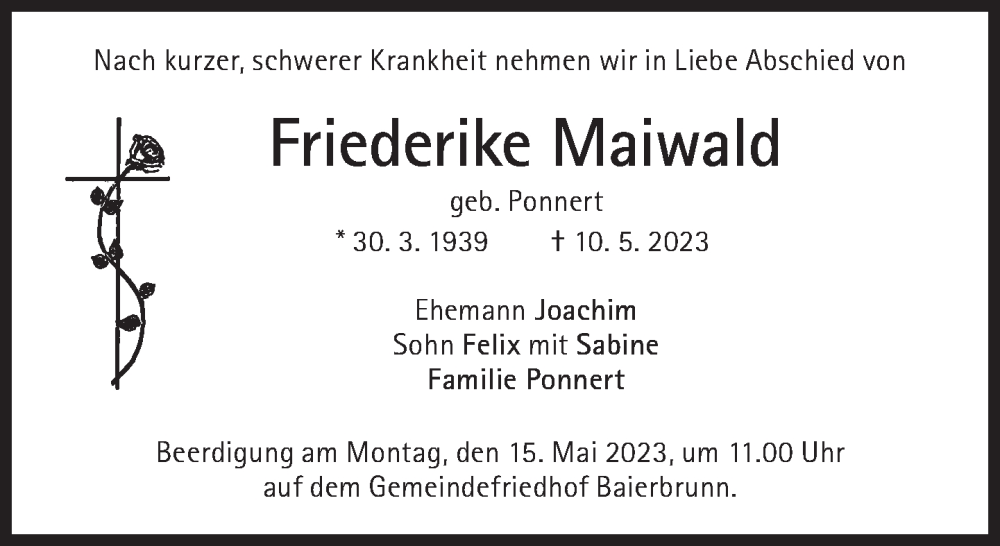  Traueranzeige für Friederike Maiwald vom 13.05.2023 aus Süddeutsche Zeitung