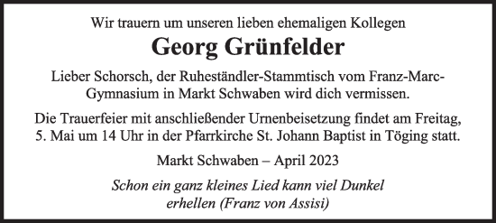 Traueranzeige von Georg Grünfelder von Süddeutsche Zeitung