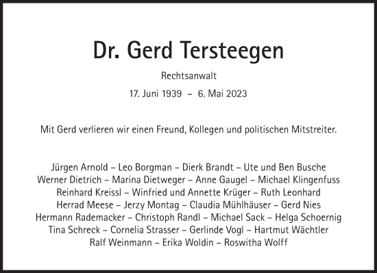 Traueranzeige von Gerd Tersteegen von Süddeutsche Zeitung