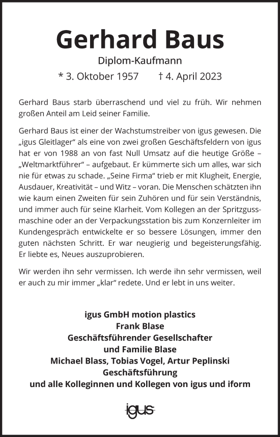 Traueranzeige von Gerhard Baus von Süddeutsche Zeitung