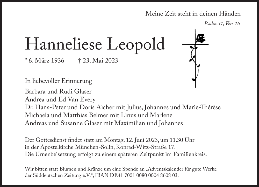  Traueranzeige für Hanneliese Leopold vom 27.05.2023 aus Süddeutsche Zeitung