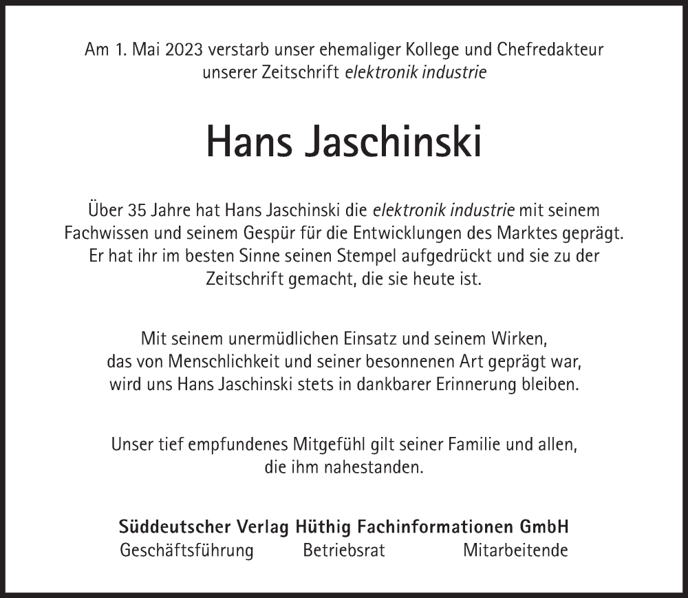  Traueranzeige für Hans Jaschinski vom 27.05.2023 aus Süddeutsche Zeitung