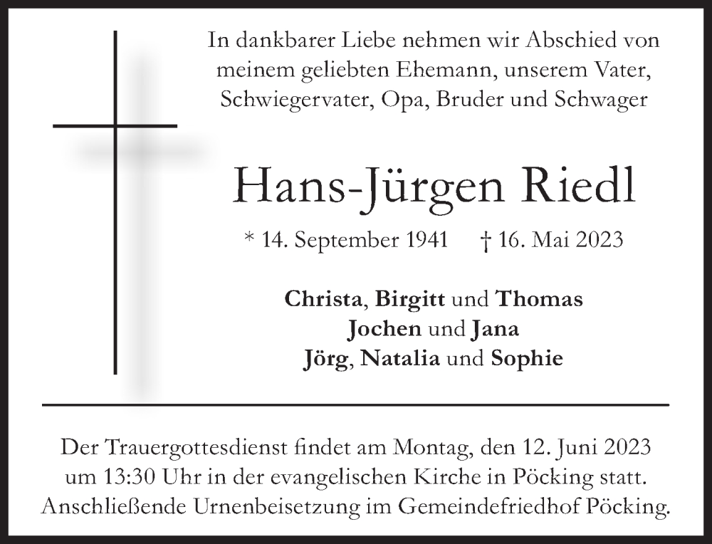  Traueranzeige für Hans-Jürgen Riedl vom 27.05.2023 aus Süddeutsche Zeitung