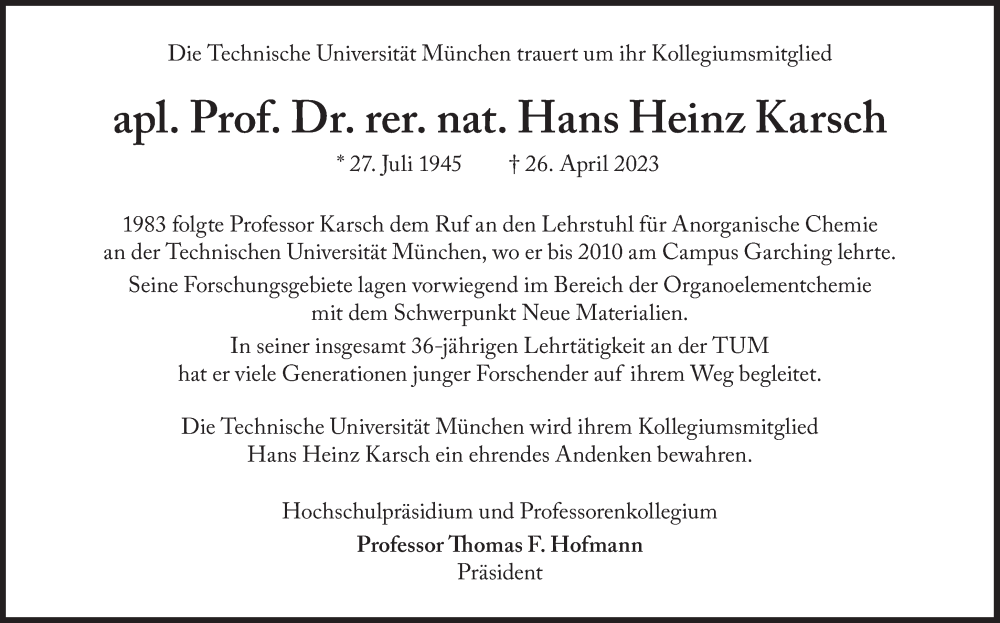  Traueranzeige für Hans Heinz Karsch vom 25.05.2023 aus Süddeutsche Zeitung