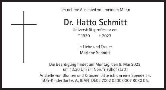 Traueranzeige von Hatto Schmitt von Süddeutsche Zeitung