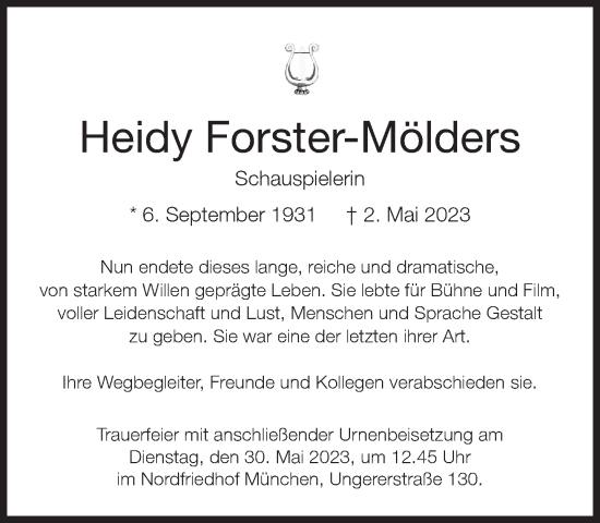 Traueranzeige von Heidy Forster-Mölders von Süddeutsche Zeitung