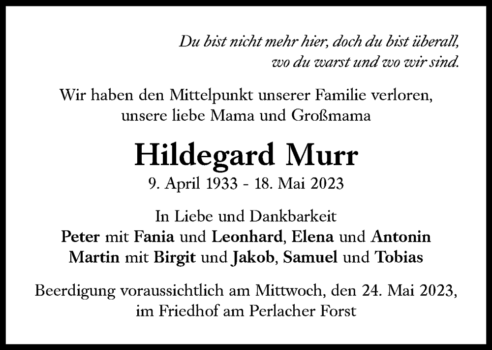  Traueranzeige für Hildegard Murr vom 20.05.2023 aus Süddeutsche Zeitung