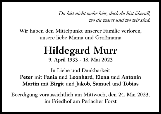 Traueranzeige von Hildegard Murr von Süddeutsche Zeitung