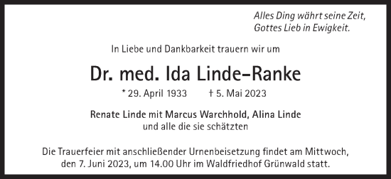 Traueranzeige von Ida Linde-Rank von Süddeutsche Zeitung