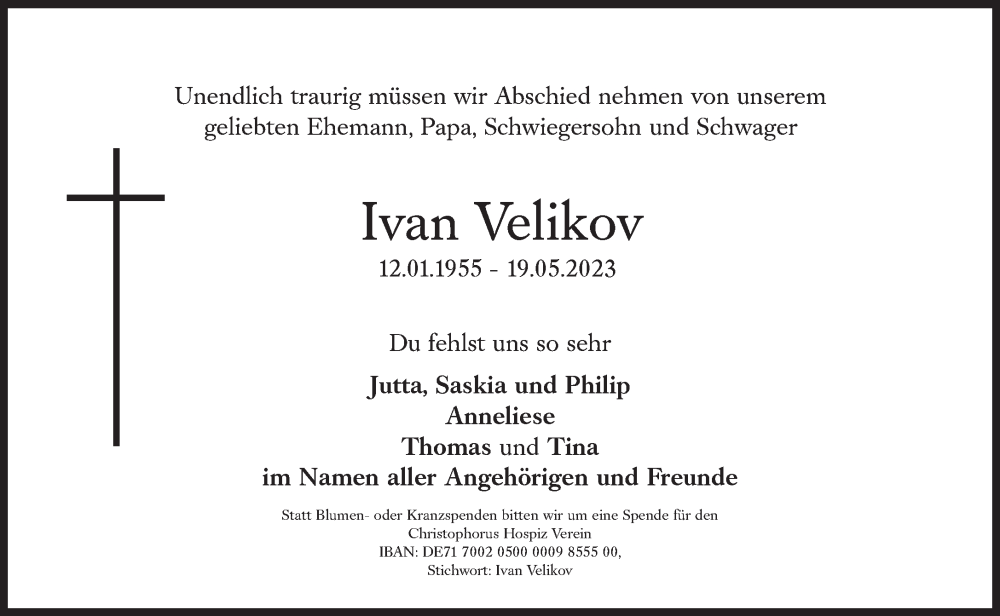  Traueranzeige für Ivan Velikov vom 23.05.2023 aus Süddeutsche Zeitung