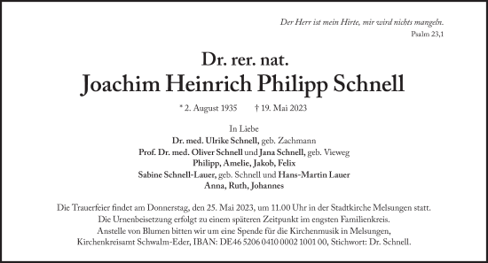Traueranzeige von Joachim Heinrich Philipp Schnell von Süddeutsche Zeitung