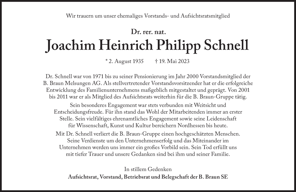  Traueranzeige für Joachim Heinrich Philipp Schnell vom 24.05.2023 aus Süddeutsche Zeitung