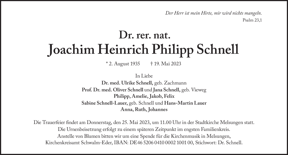  Traueranzeige für Joachim Heinrich Philipp Schnell vom 23.05.2023 aus Süddeutsche Zeitung