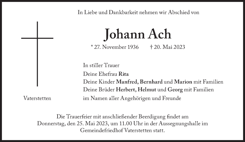  Traueranzeige für Johann Ach vom 23.05.2023 aus Süddeutsche Zeitung