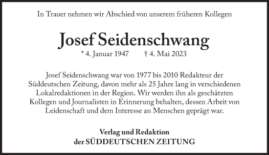 Traueranzeige von Josef Seidenschwang von Süddeutsche Zeitung