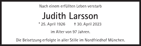 Traueranzeige von Judith Larsson von Süddeutsche Zeitung