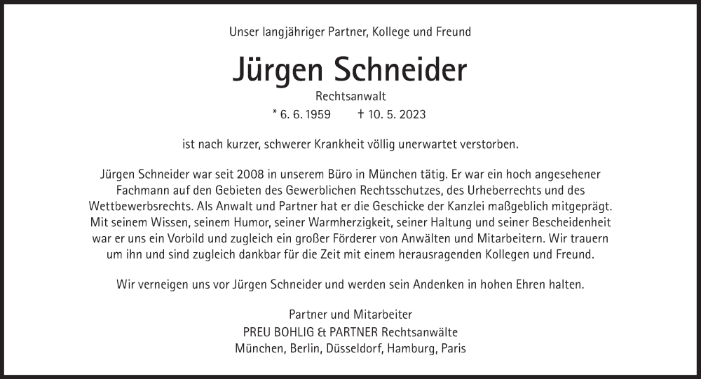 Traueranzeige für Jürgen Schneider vom 20.05.2023 aus Süddeutsche Zeitung