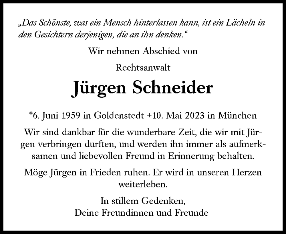  Traueranzeige für Jürgen Schneider vom 19.05.2023 aus Süddeutsche Zeitung