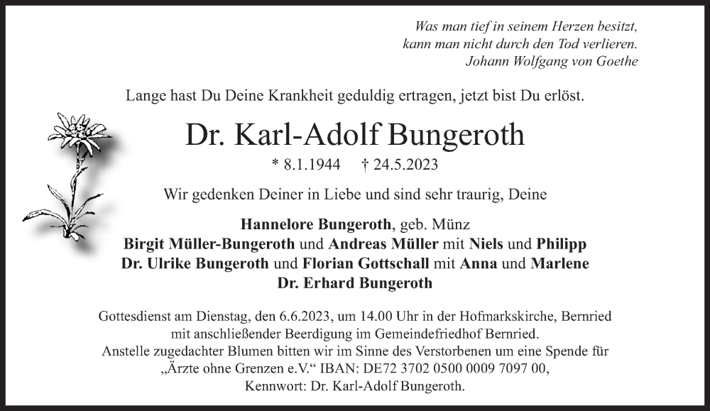  Traueranzeige für Karl-Adolf Bungeroth vom 31.05.2023 aus Süddeutsche Zeitung