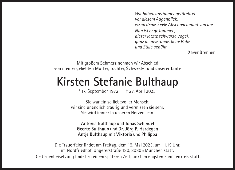  Traueranzeige für Kirsten Stefanie Bulthaup vom 06.05.2023 aus Süddeutsche Zeitung